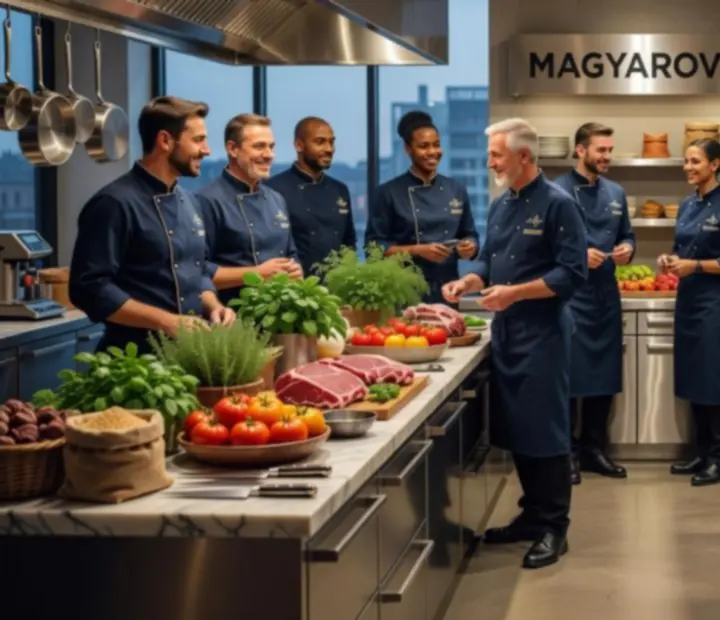 Magyarovia séfcsapat portréja elegáns konyhai környezetben
