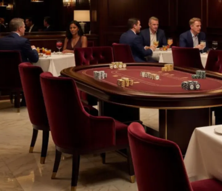 Privát lounge étkezőasztalokkal és poker asztallal, elegáns kaszinó hangulatban