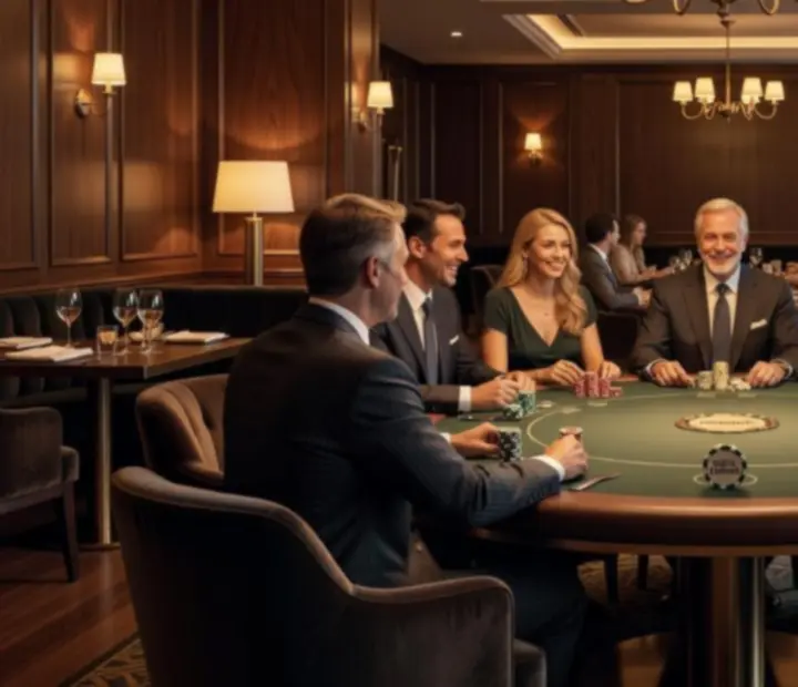Stílusos poker lounge Magyaroviában, vendégek jelképes zsetonokkal társasjátékoznak